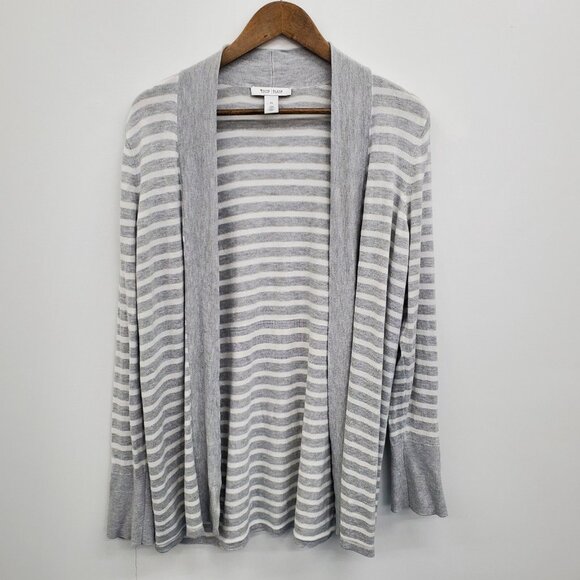 White House Black Market XL Gray White Striped Open Front Cardigan Rayon Sweater - Picture 4 of 16